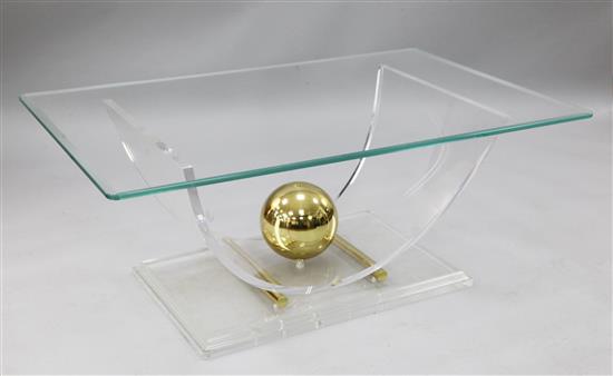 A Harrods perspex and brass coffee table, W.3ft 11in. D.2ft 8in. H.1ft 7in,